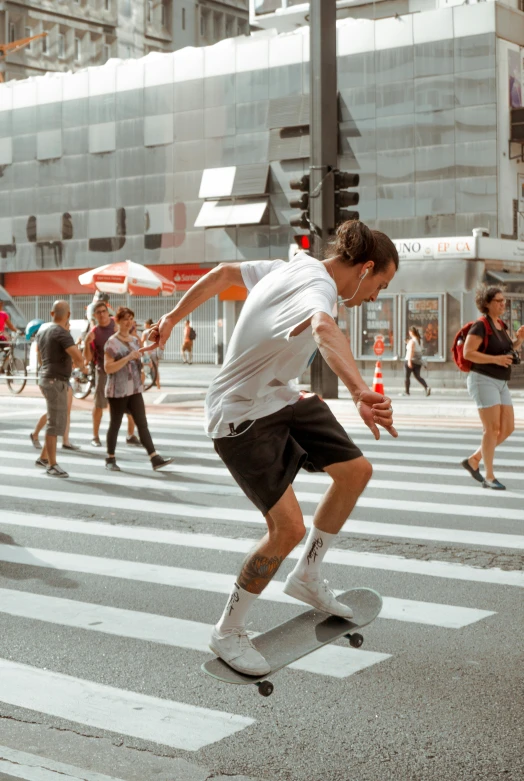 a man riding a skateboard across a street, by Niko Henrichon, soccer players timo werner, people dancing, milan jozing, on center