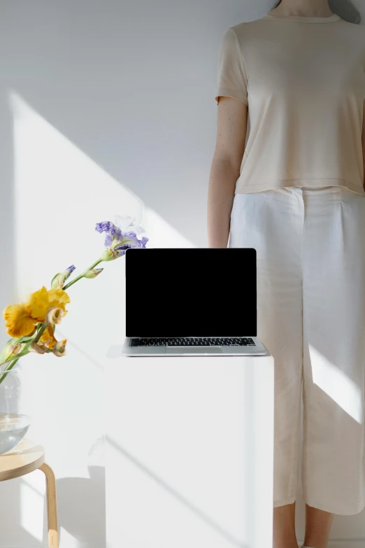 a woman standing next to a table with a laptop on it, trending on pexels, light and space, carrying flowers, no - text no - logo, stylized silhouette, glossy surface