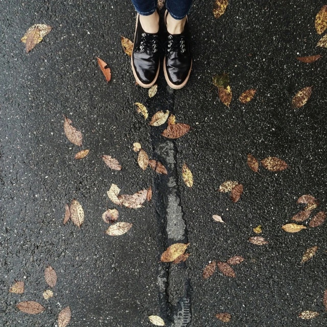 a person standing on a street holding an umbrella, a picture, by Lucia Peka, fall leaves on the floor, black loafers, top down perspecrive, shot on iphone 6