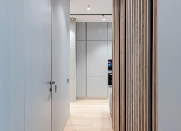 a hallway leading to a kitchen and living room, inspired by David Chipperfield, unsplash, neo kyiv, wood panels, behance lemanoosh, 15081959 21121991 01012000 4k