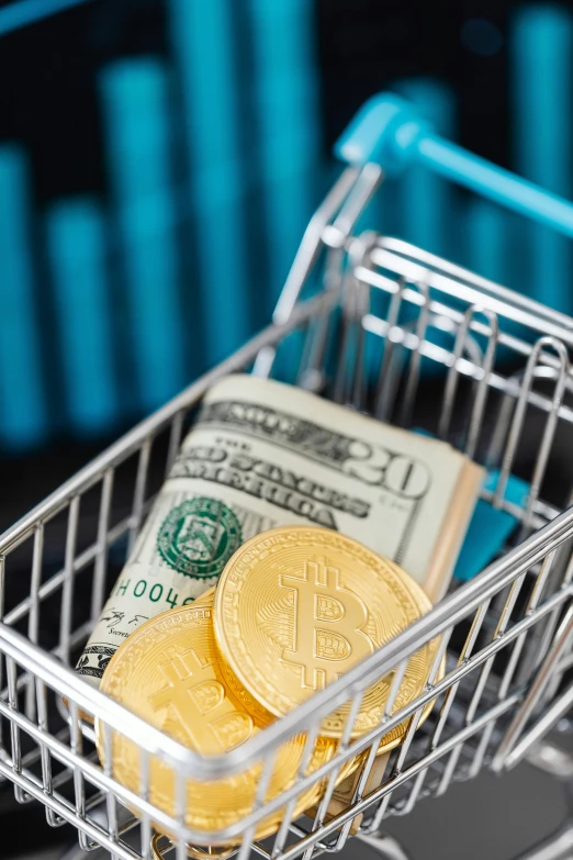 a shopping cart filled with money sitting on top of a laptop, a digital rendering, trending on unsplash, renaissance, edible crypto, sitting on a store shelf, ✨🕌🌙, loosely cropped