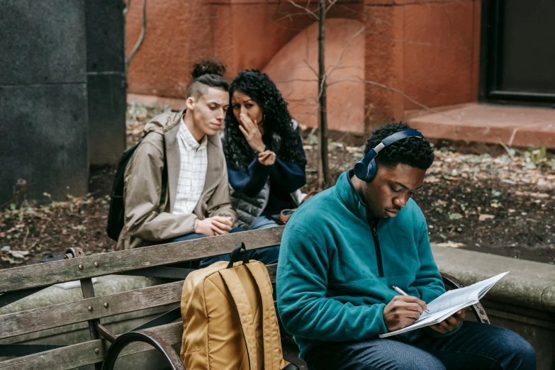 a couple of people that are sitting on a bench, trending on pexels, academic art, ears are listening, sketching, varying ethnicities, teenager hangout spot