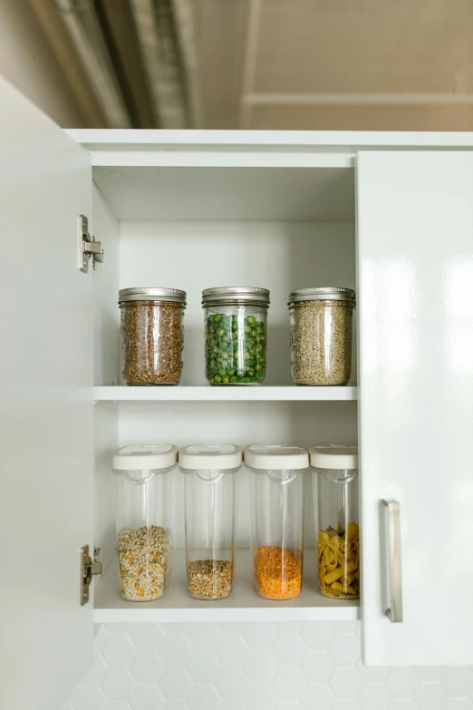 a cabinet filled with lots of different types of food, plasticien, beakers, pristine clean design, detail shot, clover