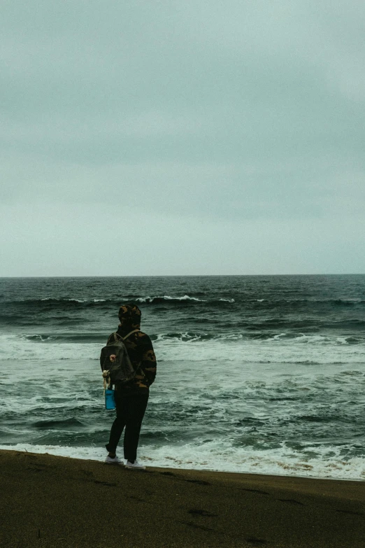 a man standing on top of a beach next to the ocean, stormy ocean, standing with her back to us, looking serious, 2019 trending photo