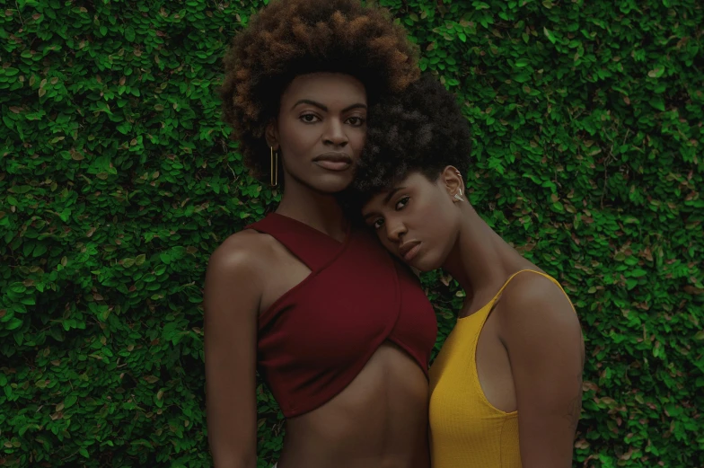 two women standing next to each other in front of a bush, pexels contest winner, afrofuturism, redahair and attractive features, ( ( dark skin ) ), paul barson, two beautiful women in love