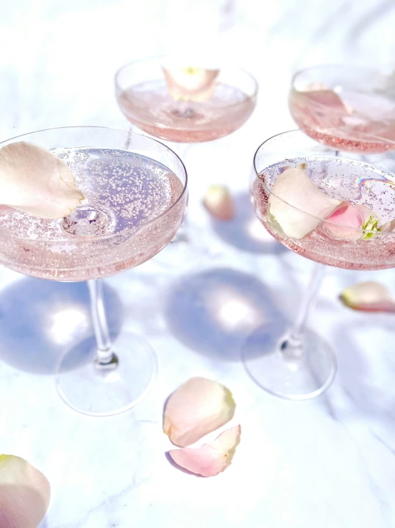 a group of wine glasses sitting on top of a table, pink rose, profile image, fairy dust, promo image