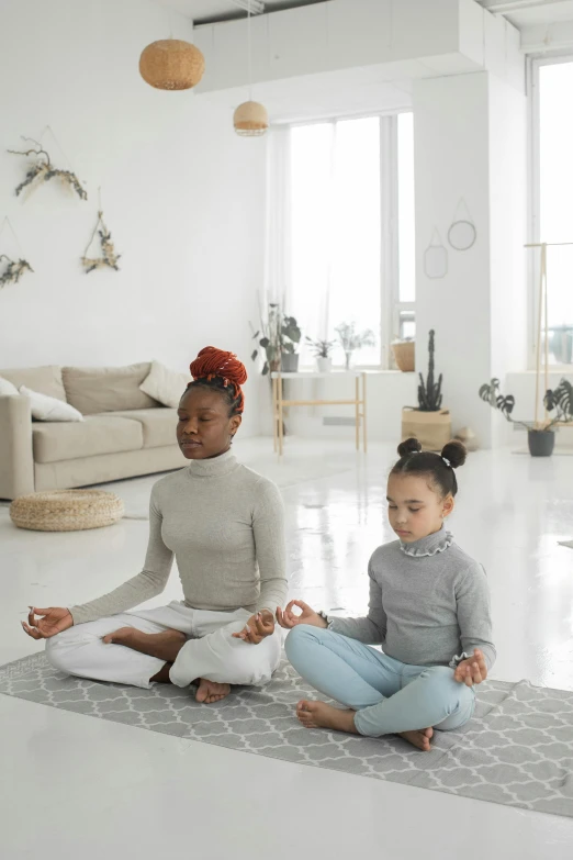 a mother and daughter doing yoga together in the living room, by Everett Warner, pexels contest winner, minimalism, willow smith zendaya, high-quality render, meditating, in a japanese apartment