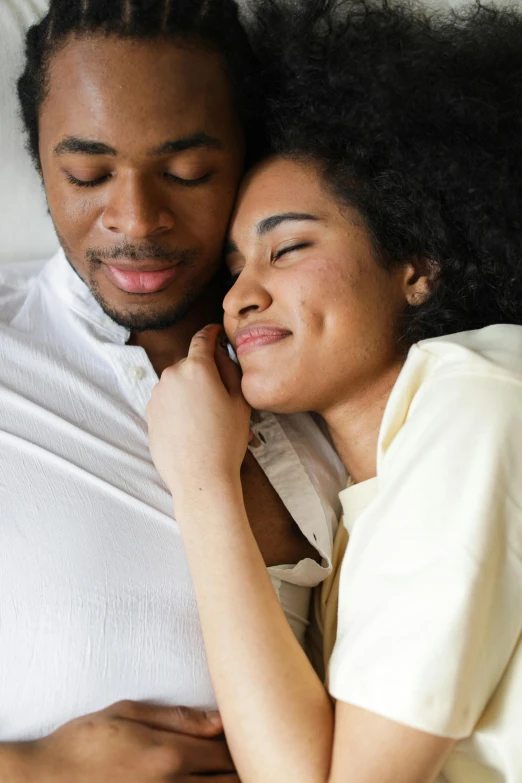 a man and woman laying in bed next to each other, trending on unsplash, photo of a black woman, arm around her neck, promo image, multiple stories