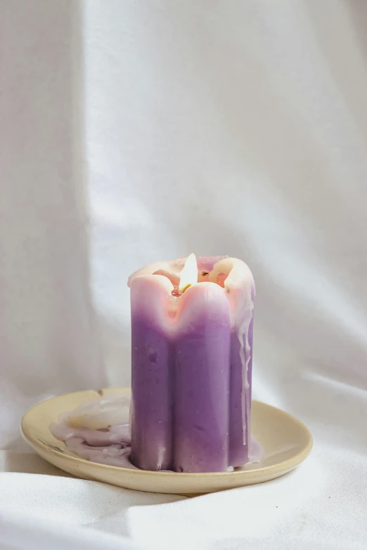 a purple candle sitting on top of a plate, marbled columns, soft skin, longque chen, cutout