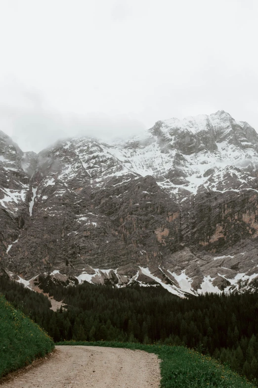 a dirt road with a mountain in the background, a picture, by Alessandro Allori, trending on unsplash, les nabis, panoramic widescreen view, covered with snow, top of a canyon, overcast day