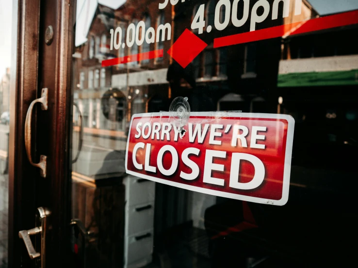 a red and white sign that says sorry we're closed, pexels, renaissance, convenience store, thumbnail, busy restaurant, conor walton