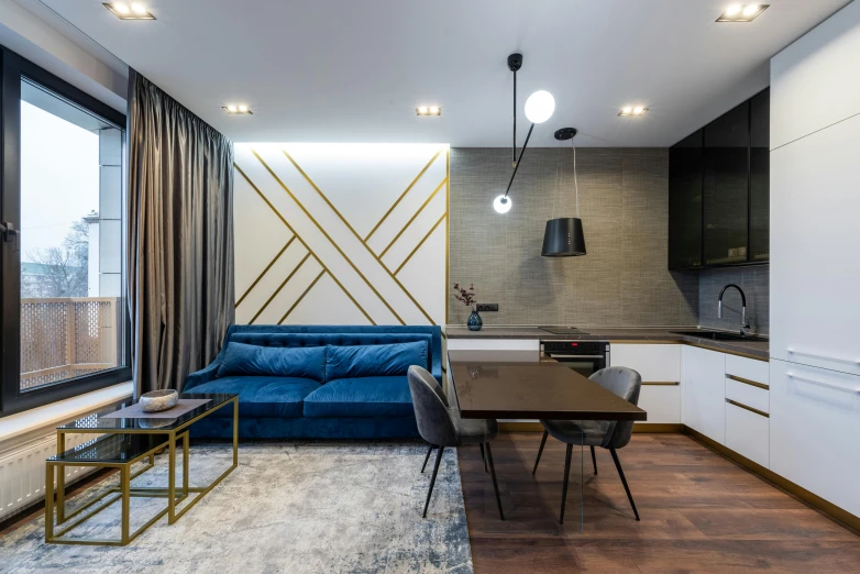 a living room filled with furniture and a blue couch, by Adam Marczyński, unsplash contest winner, black marble and gold, kitchenette and conferenceroom, neo kyiv, geometric style