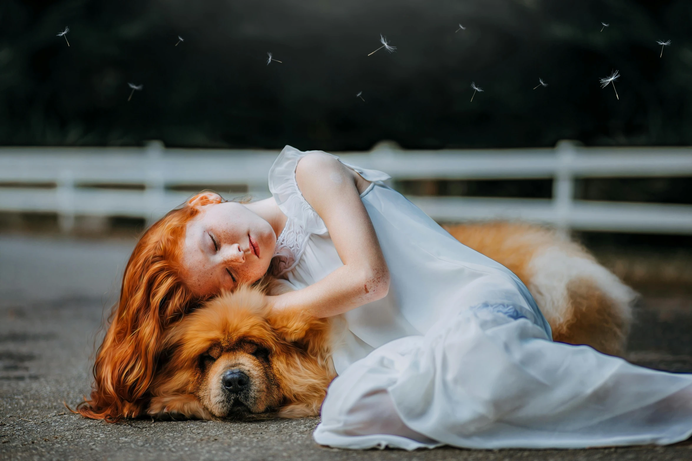 a woman laying on the ground next to a dog, by Julia Pishtar, pexels contest winner, renaissance, cute young redhead girl, sweet dreams, angelic, 15081959 21121991 01012000 4k