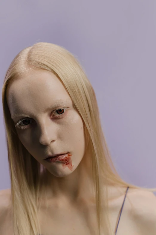 a woman with blood all over her face, an album cover, inspired by Gottfried Helnwein, reddit, hyperrealism, intense albino, nonbinary model, male vampire, ava max