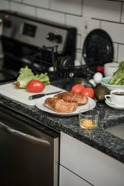 a close up of a plate of food on a counter, by Sven Erixson, toaster, dynamic angled shot, diner, cleanest image