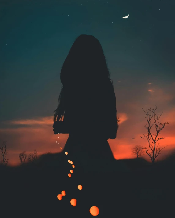 a woman standing in the middle of a field at night, an album cover, inspired by Elsa Bleda, pexels contest winner, silhouette!!!, ☁🌪🌙👩🏾, fading rainbow light, beautiful lonely girl