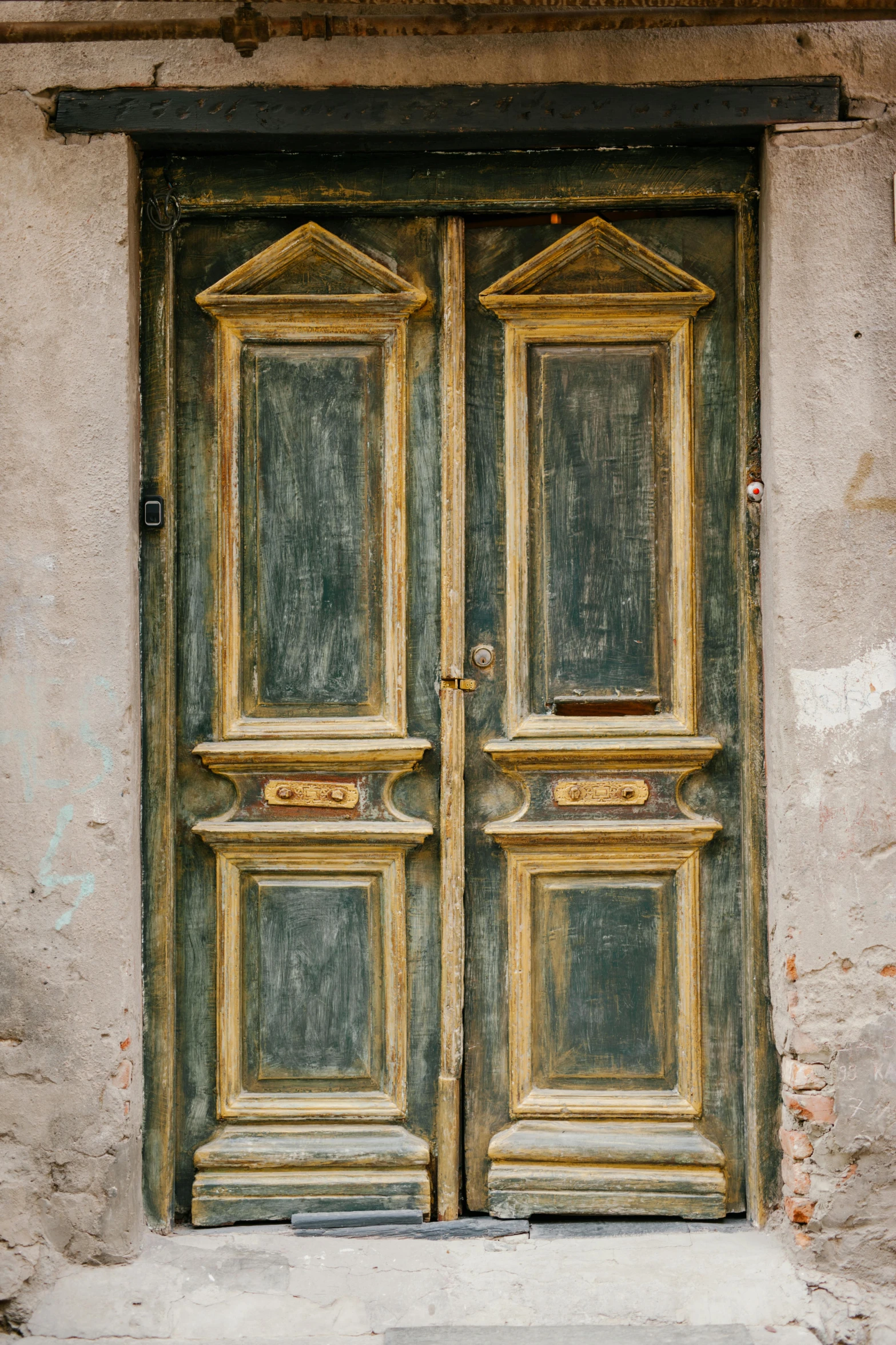 a wooden door sitting on the side of a building, an album cover, inspired by Károly Markó the Elder, trending on unsplash, renaissance, green and gold palette, weathered olive skin, grey, italy