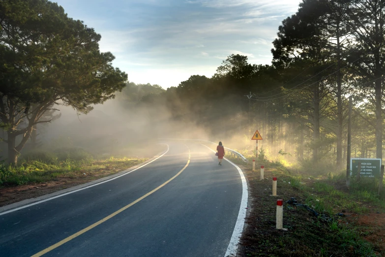 a person riding a motorcycle on a foggy road, by Eglon van der Neer, pexels contest winner, natural morning light, avatar image, schools, road to the sea