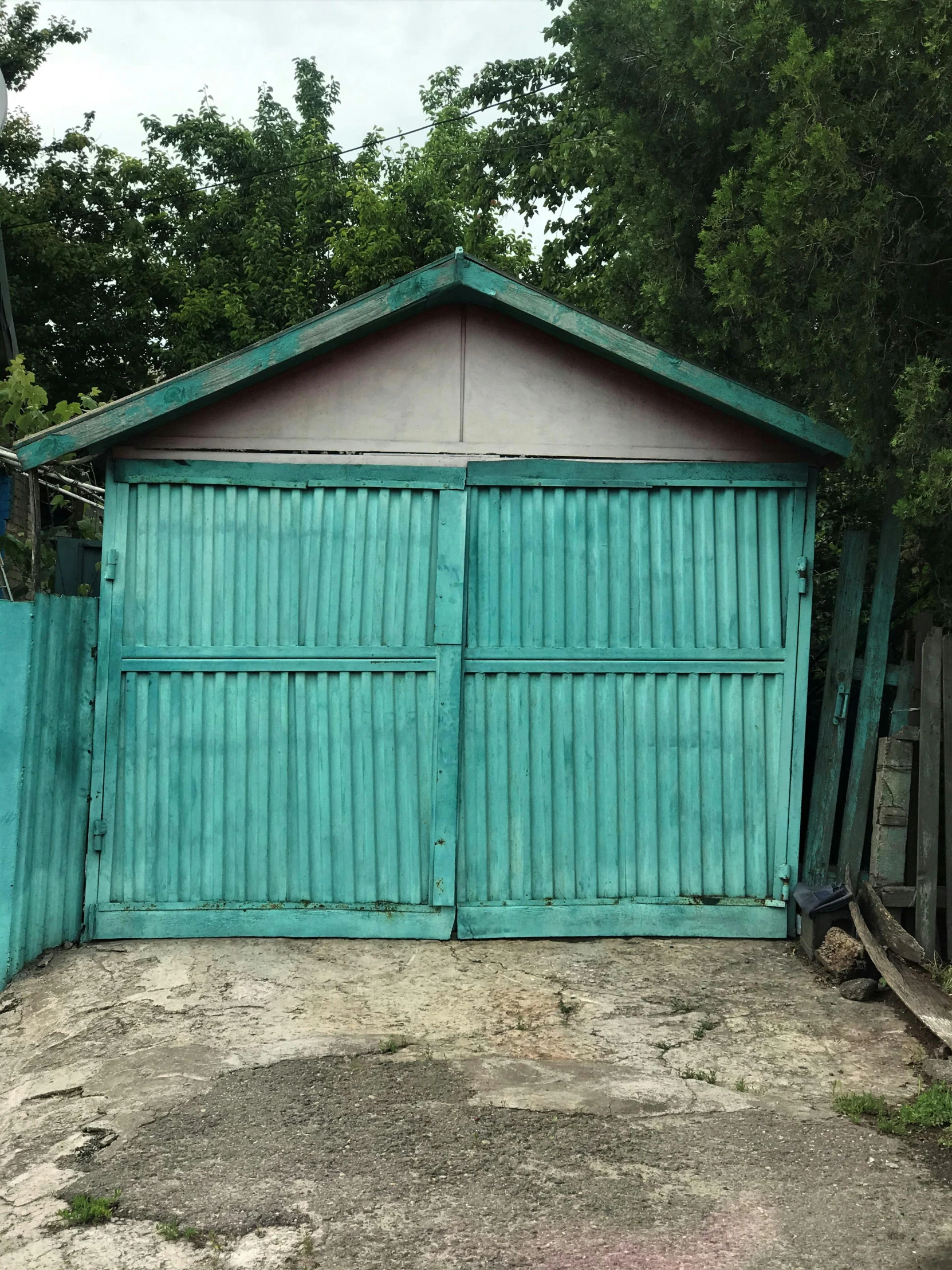 a red fire hydrant sitting in front of a blue garage, an album cover, by Andrew Stevovich, modernism, turquoise rust, huge gate, back yard, 1900s