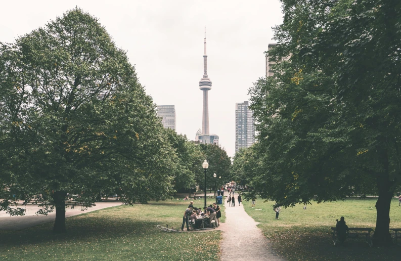 a group of people sitting on a bench in a park, by Carey Morris, pexels contest winner, cn tower, a tall tree, grass field surrounding the city, a quaint