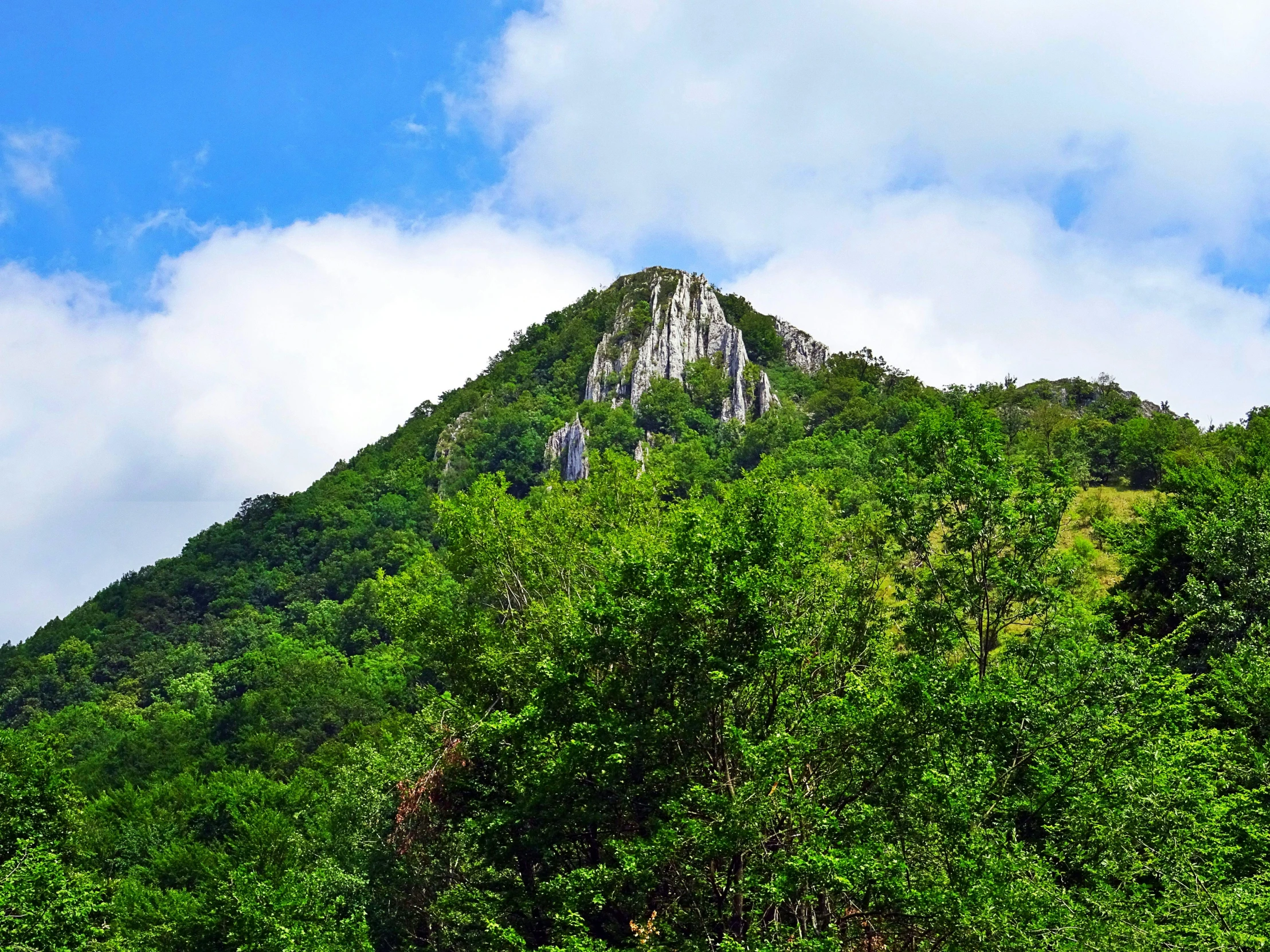 a mountain in the middle of a lush green forest, sōsaku hanga, st cirq lapopie, slide show, thumbnail, bright sky