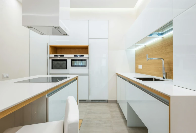 the modern kitchen is clean and ready for us to use, a portrait, inspired by Albert Paris Gütersloh, unsplash, light and space, medical lighting, neo kyiv, white background”, full device