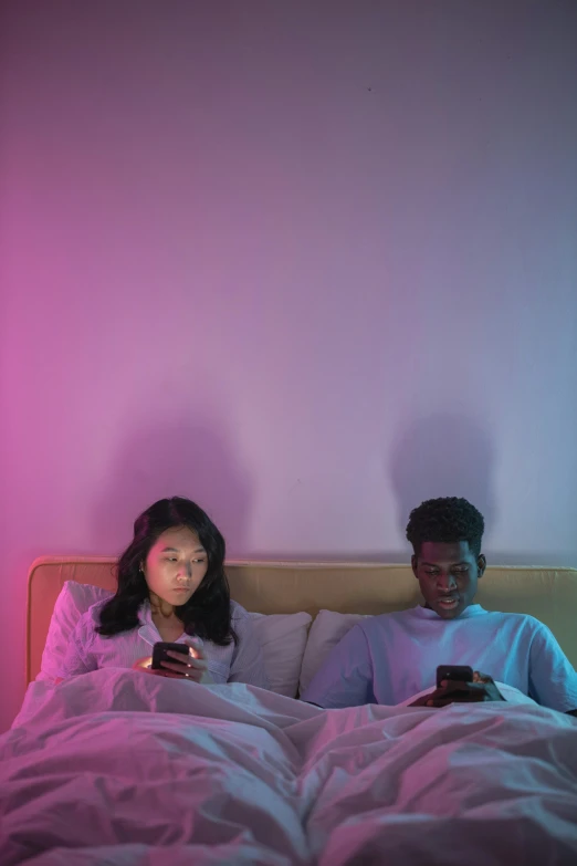 a couple in bed looking at their cell phones, by Carey Morris, trending on pexels, dimmed pastel colours, janice sung, looking threatening, lgbtq