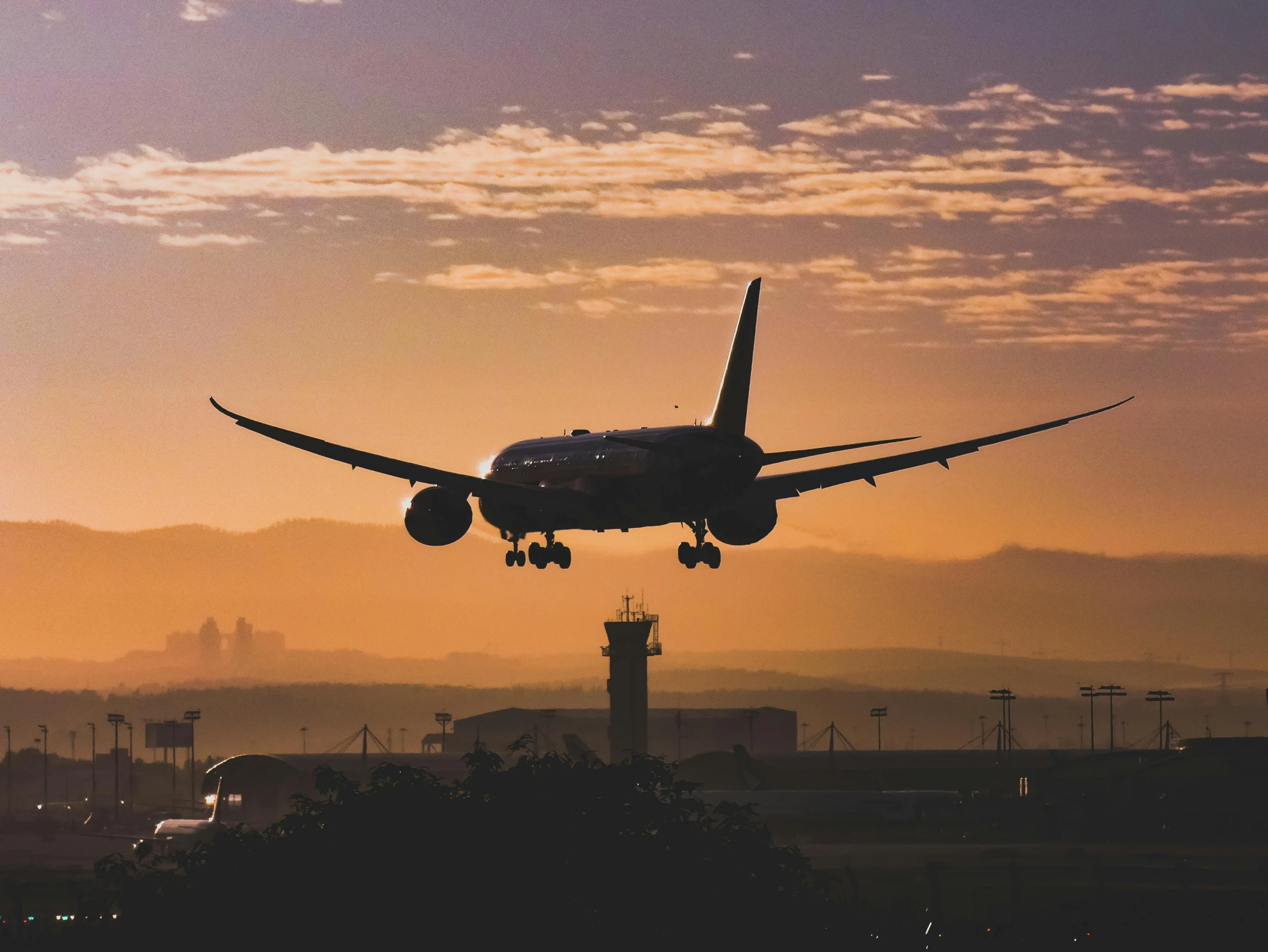 a large jetliner flying over a city at sunset, pexels contest winner, landing gear, black. airports, a handsome, 🦩🪐🐞👩🏻🦳