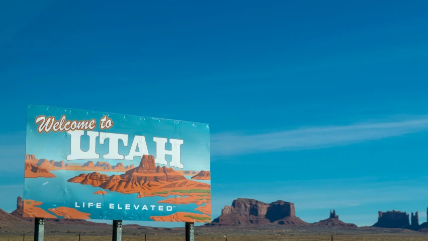 a welcome to utah sign in the middle of the desert, a matte painting, unsplash, 🚿🗝📝, square, heath clifford, commercial billboard