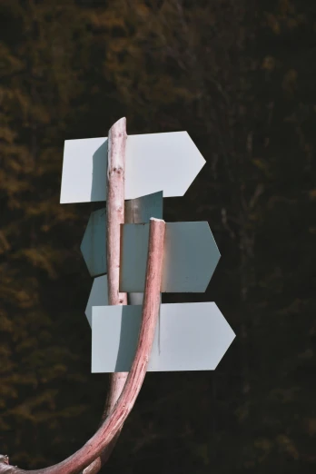 a close up of a street sign near a body of water, by Jesper Knudsen, trending on unsplash, conceptual art, thick squares and large arrows, wood, plan, pink
