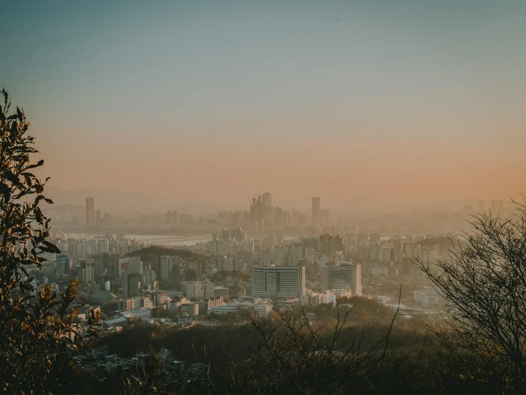 a view of a city from the top of a hill, pexels contest winner, joongwon jeong, faded and dusty, late afternoon, instagram post