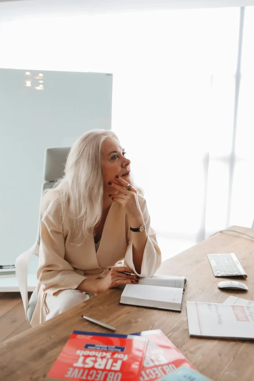 a woman sitting at a table in an office, trending on pexels, renaissance, blonde and silver hair, pondering, office clothes, profile image