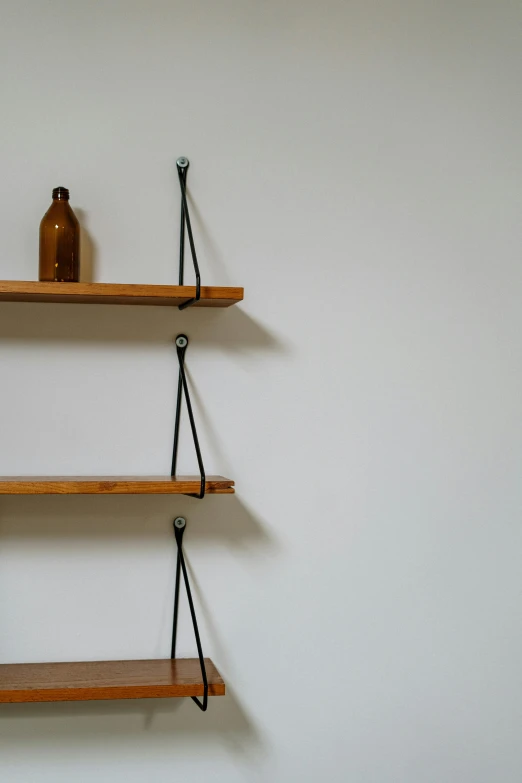 a couple of shelves sitting on top of a wall, a portrait, by Adam Manyoki, unsplash, minimalism, leather straps, blacksmith product design, 1950s, lots de details