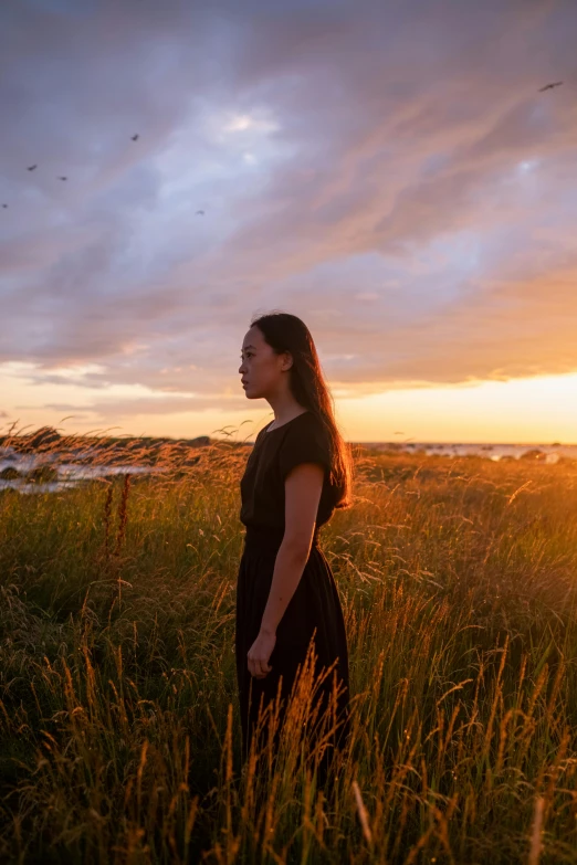 a woman standing in a field at sunset, by Jesper Knudsen, happening, near the seashore, louise zhang, looking away from camera, no cropping