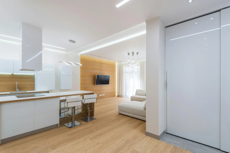 a living room filled with furniture and a flat screen tv, a picture, by Adam Marczyński, unsplash, light and space, white minimalist architecture, kitchenette and conferenceroom, located in hajibektash complex, light wood