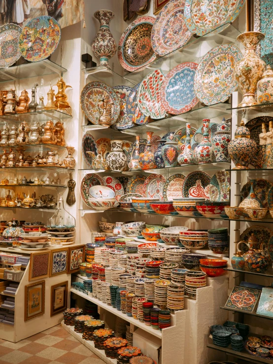 a store filled with lots of different types of plates, a mosaic, intricate oils, thumbnail, turkish and russian, high quality product image”