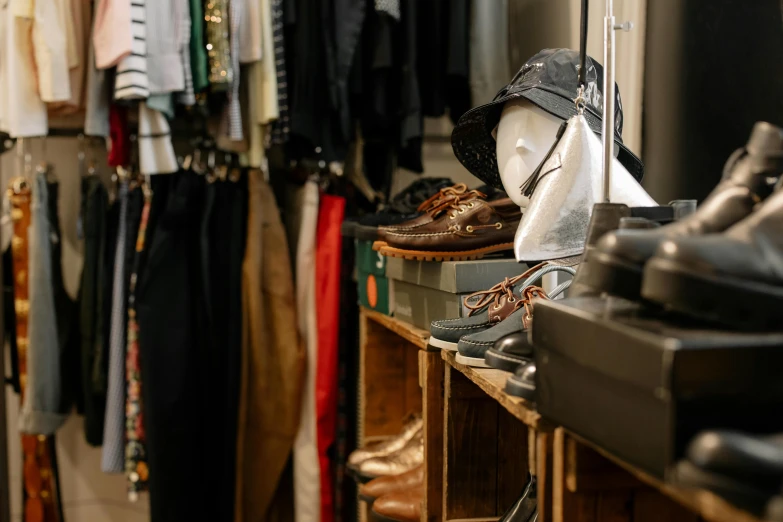 a closet filled with lots of clothes and shoes, trending on unsplash, renaissance, leather clothing and boots, sitting on a store shelf, old pawn shop, thumbnail