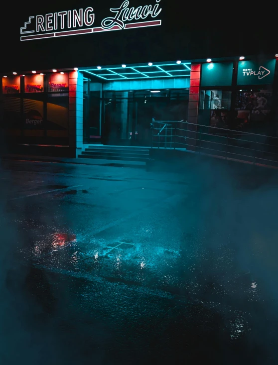a red fire hydrant sitting in the middle of a street, an album cover, inspired by Elsa Bleda, unsplash contest winner, teal neon lights, blue fog, exiting store, wet floor on streets