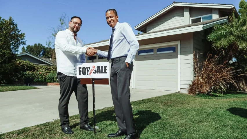 two men shaking hands in front of a house, a photo, sales, thumbnail, full body image, extremely graphic