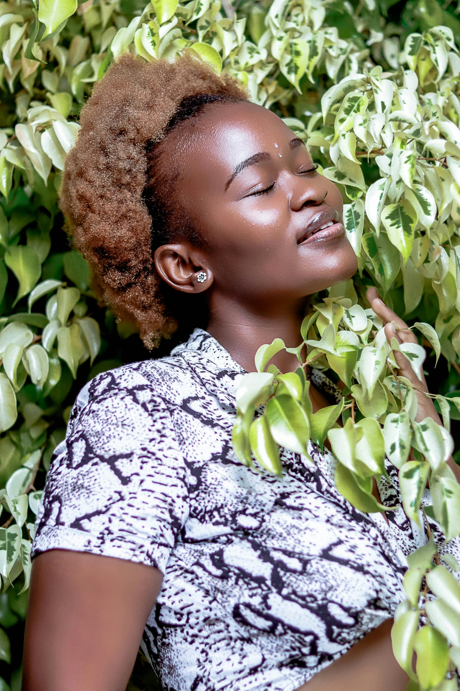 a woman laying in a bush with her eyes closed, by Ingrida Kadaka, trending on pexels, made of leaves, afro, indoor picture, full frame image