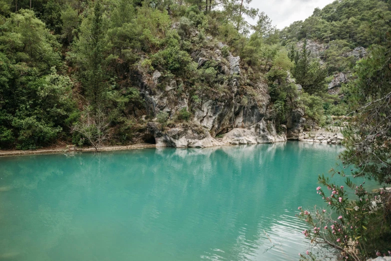 a large body of water surrounded by trees, an album cover, unsplash, hurufiyya, rock quarry location, in spain, teal skin, gray