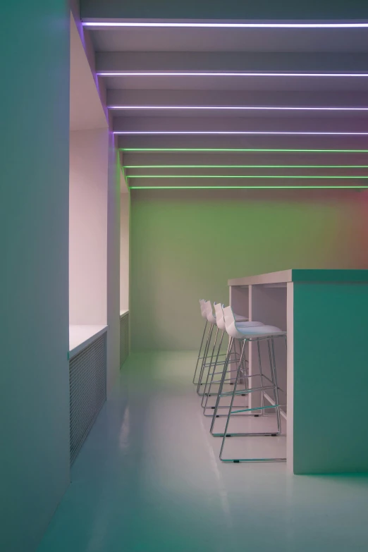 a brightly lit room with a bar and stools, inspired by Beeple, light and space, green and purple studio lighting, muted colors. ue 5, crisp lines and color, modeled lighting