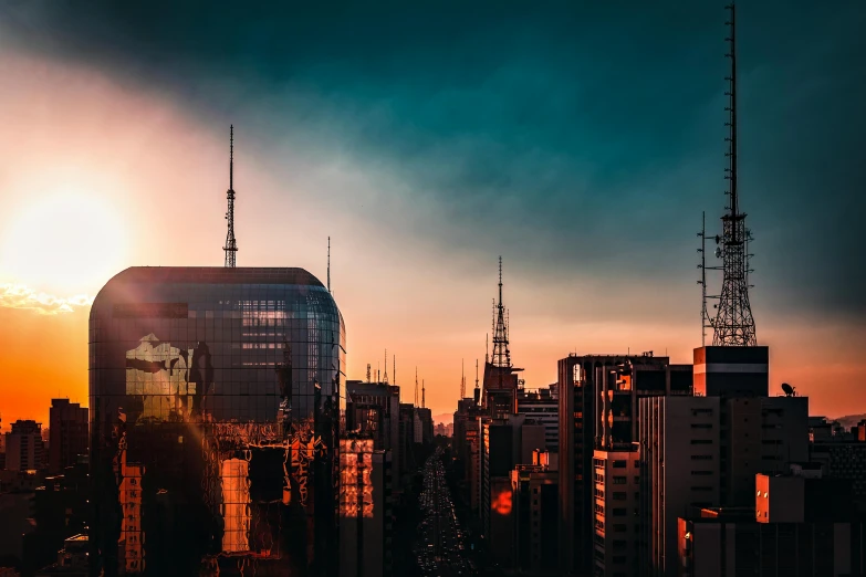 the sun is setting over the city skyline, an album cover, pexels contest winner, modernism, sao paulo, multiple stories, 2 0 0 0's photo, random background scene