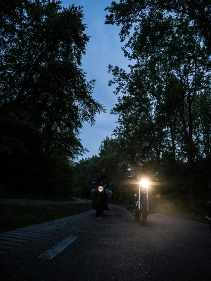 a couple of people riding on the back of motorcycles, by Daniel Seghers, unsplash, happening, in the woods at night, summer lighting, detailed surroundings, high quality photo