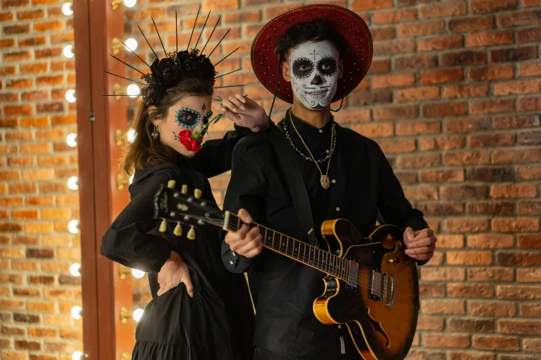 a couple of people that are standing next to each other, pexels, vanitas, portrait of a sugar skull, performing a music video, cardboard cutout, with black