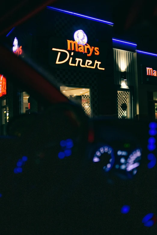 a car parked in front of a restaurant at night, 3 mary's, diner background, 15081959 21121991 01012000 4k, driving