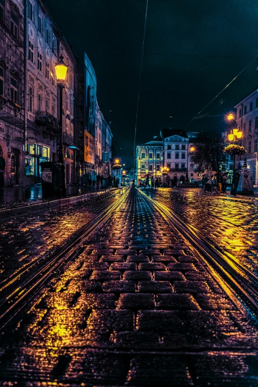 a wet street in the middle of a city at night, an album cover, by Adam Szentpétery, unsplash contest winner, lviv historic centre, highly contrasted colors, square, russian city