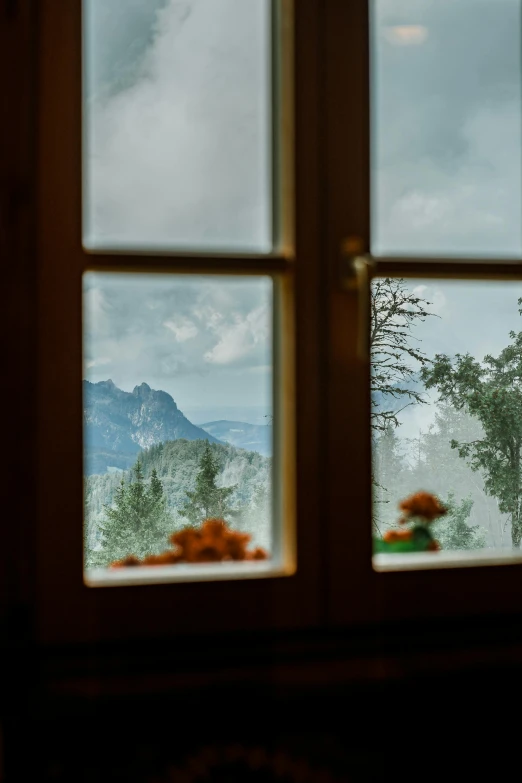 a view of a mountain through a window, by Tobias Stimmer, unsplash contest winner, romanticism, cottagecore, germany. wide shot, french door window, summer setting