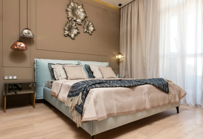 a bed sitting in a bedroom next to a window, inspired by Albert Paris Gütersloh, baroque, demur, ultra - quality, sandy beige, white and teal metallic accents