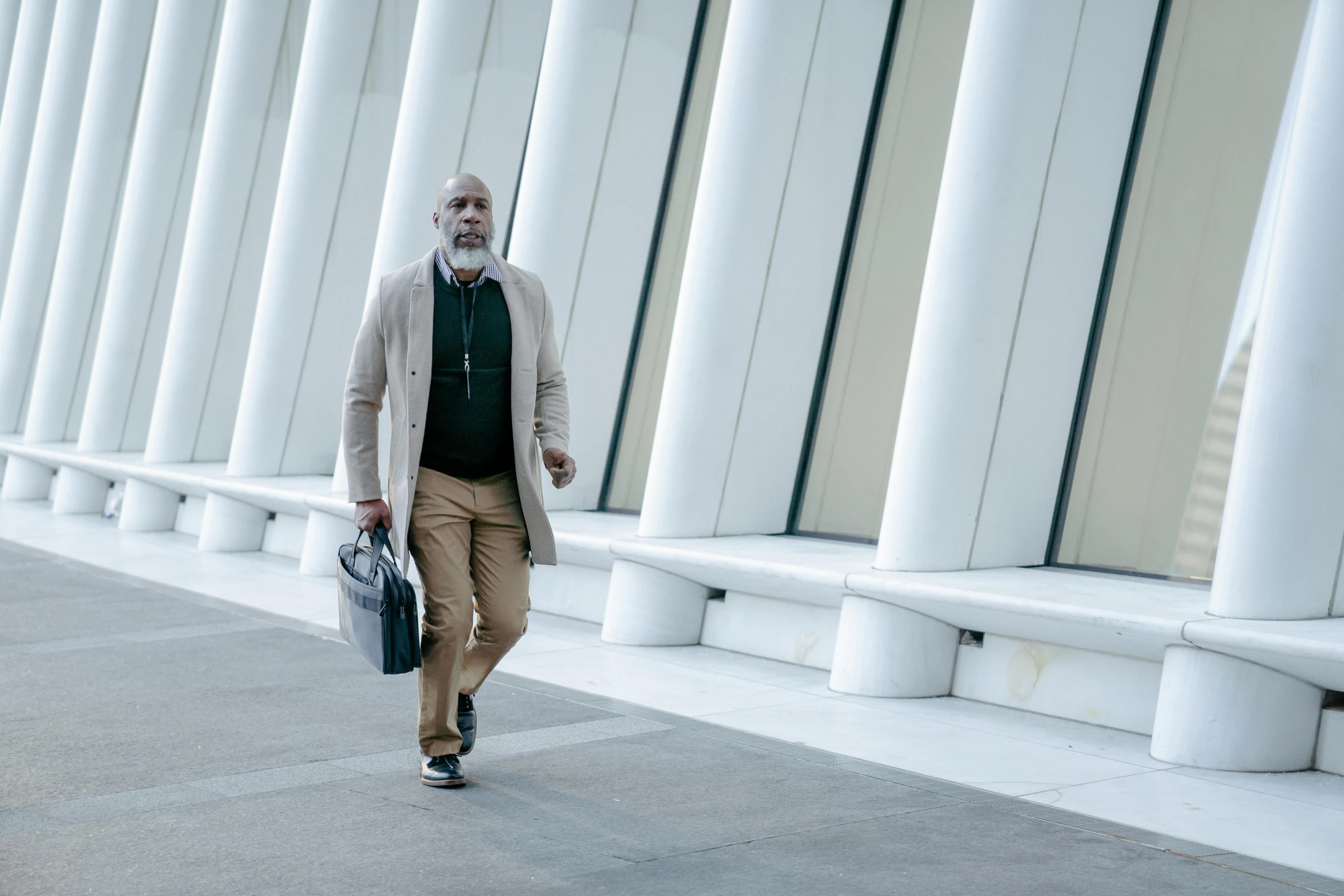 a man walking down a sidewalk carrying a briefcase, inspired by Harrington Mann, pexels contest winner, modernism, white long beard, at a mall, grey skinned, [ cinematic